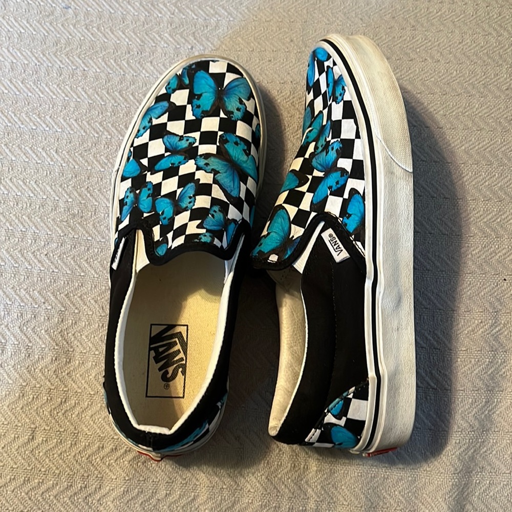 Checkered butterfly slip on vans 9.5